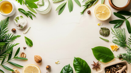 A vibrant arrangement of natural ingredients and herbs on a light surface highlighting the essence of organic wellness products