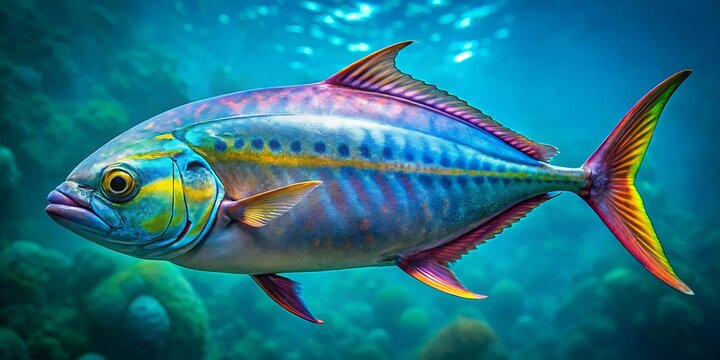 Gliding effortlessly beneath the waves, the queenfish flaunts its radiant scales in a mosaic of blues, greens, and