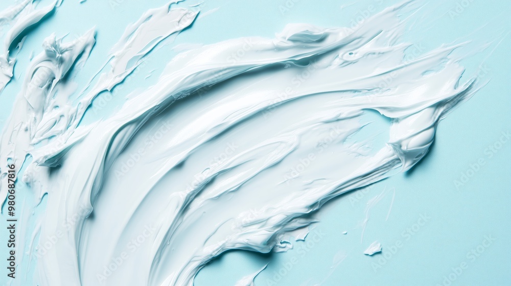 Poster swirling white cream on a light blue background in an abstract artistic display focused on texture a