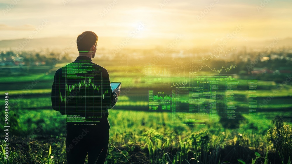 Poster a person using a tablet in a scenic landscape with digital data overlays.