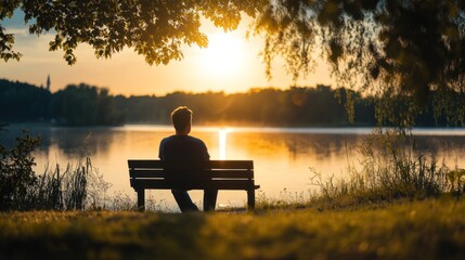 A person sitting on a bench by a lake at sunset, reflecting on nature and tranquility.