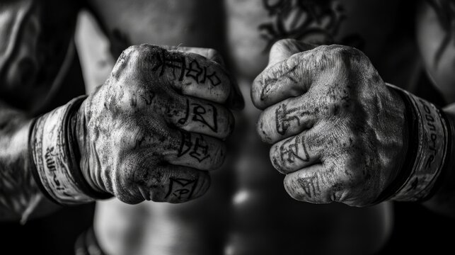 A gritty black and white image of an injured hand tangled in battle, with Thai text and symbolic tattoos visible.
