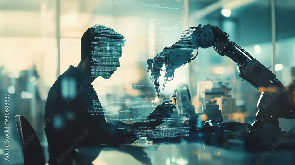 Poster a silhouette of a person working with a robotic arm amidst digital data visuals.