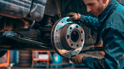 Inspecting brake pads and rotors during a routine vehicle maintenance check in a well-equipped garage