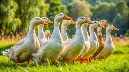 Obraz premium Here, a group of domestic ducks stand quietly in a row, their feathers glistening in the vibrant green