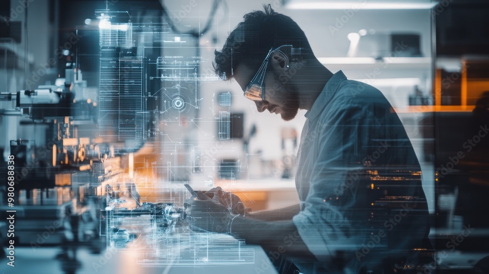 Poster a scientist working in a lab with digital overlays, focusing on research and innovation.