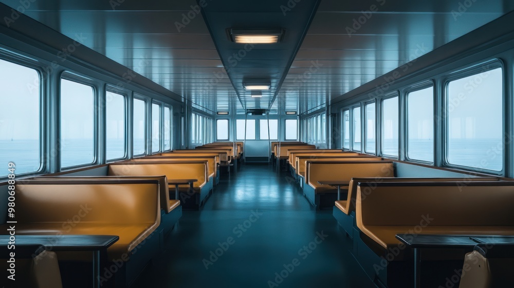 Poster an empty ferry interior with rows of seating and large windows overlooking water.