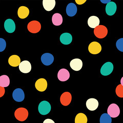 Seamless colorful pattern with multi-colored polka dots, confetti on a black background, hand drawn illustration