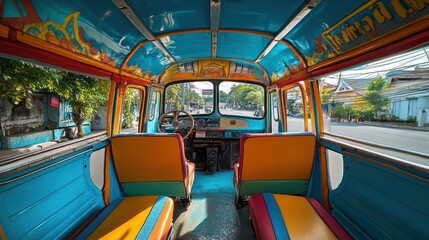 Fototapeta premium Interior of a colorful vintage vehicle showcasing vibrant seating and design.