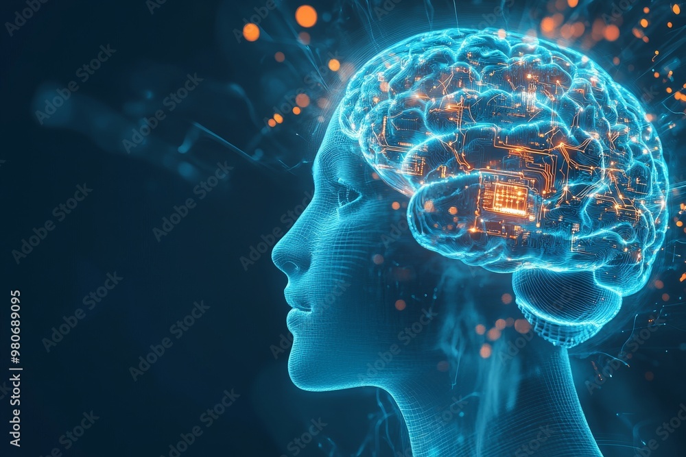 Poster female head with illuminated brain depicting neural activity and thought processes focusing on brain