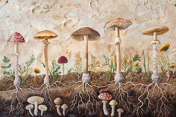 a diverse array of mushrooms above and below the ground, highlighting the complex ecosystem of roots, fungi, and mycelium. 