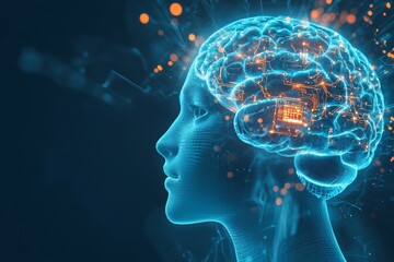 Female head with illuminated brain depicting neural activity and thought processes focusing on brain anatomy intelligence and futuristic digital interface