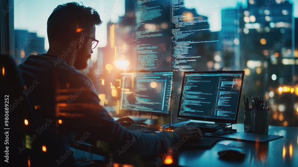 Aufkleber a person coding at a computer in a cityscape at dusk, showcasing technology and focus.