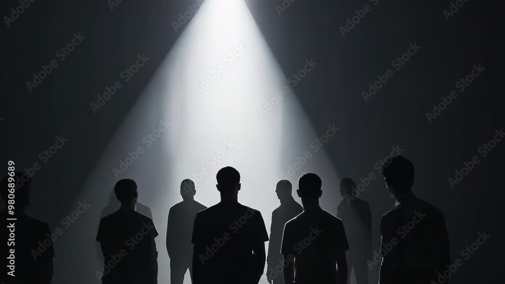 Poster a group of people are standing in a dark room with a light shining on them. the light is focused on 
