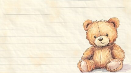 Obraz premium Watercolor Illustration of Fluffy Brown Teddy Bear on the Bottom Left Corner of Lined Stationery Paper, Lightly Pictured Background for Cute and Playful Stationery Design.