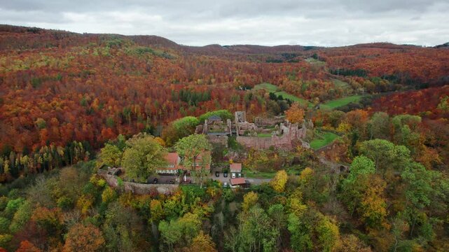Aerial view ruins of old castle. Ruin of Hohnstein Castle, Harz mountains, Germany.