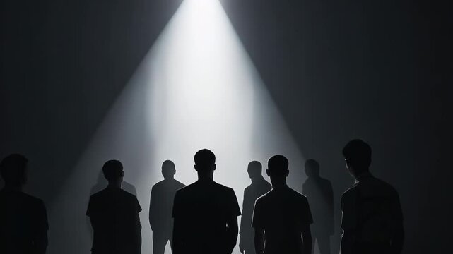 A group of people are standing in a dark room with a light shining on them. The light is focused on one person, making them the center of attention. The rest of the people are in the background