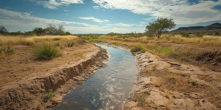 Stream flows through dry, desert landscape.