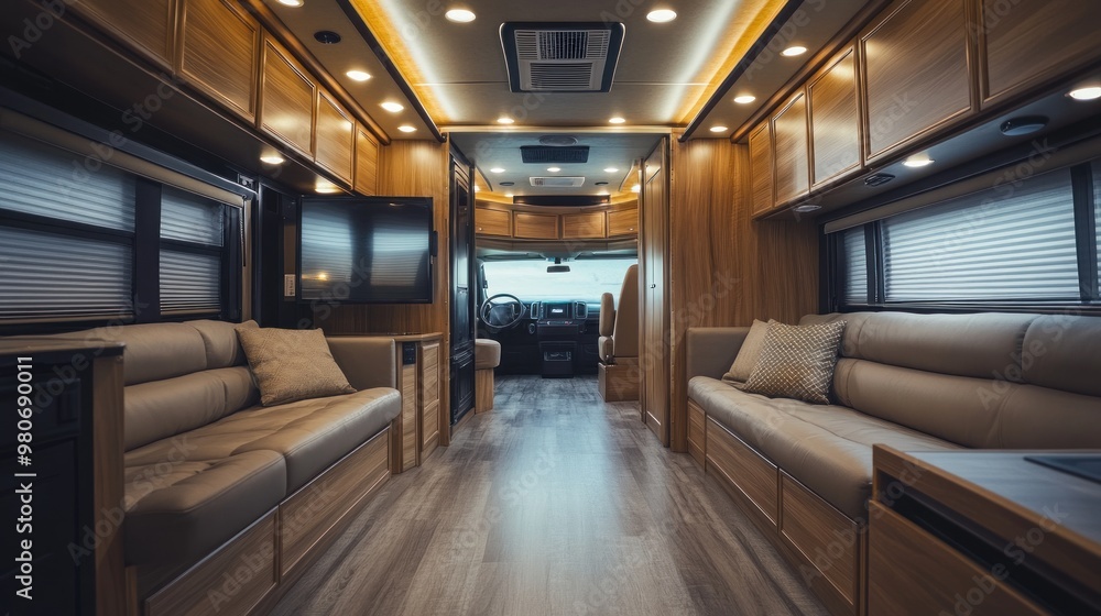 Sticker Modern and spacious interior of a luxury RV, designed for comfortable travel.