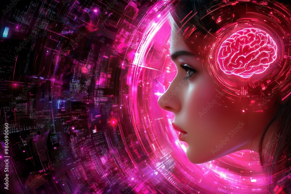 Poster pink neon brain illustration with female profile and digital grids symbolizing neural activity futur