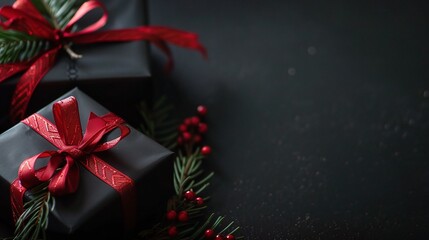 A captivating business gift holiday picture set against a black background. There are beautifully wrapped gifts with shiny ribbons and bows. Some gifts might be in boxes, while others are in bags