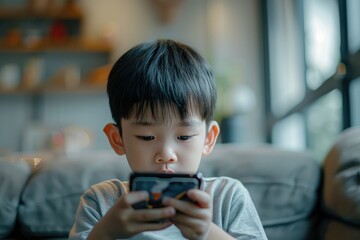 Portrait of lovely young boy play game smart phone.