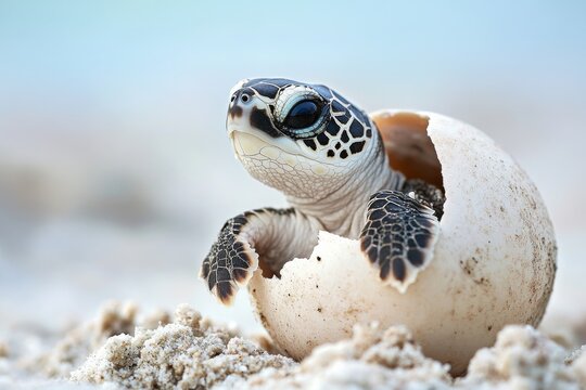 A baby turtle hatching from an egg on the beach