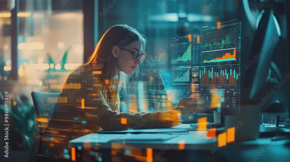 Aufkleber a focused individual analyzes data on multiple screens in a modern workspace.