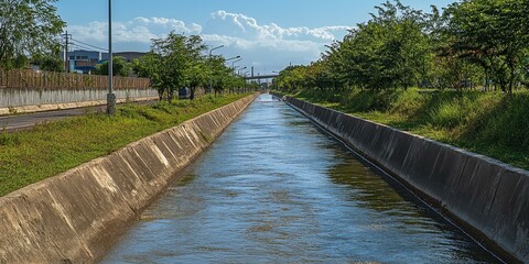Fototapeta premium Concrete canal, water flows through, green foliage.