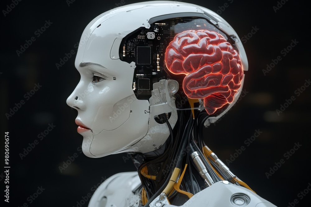 Aufkleber female android with mechanical components and human like brain symbolizing the fusion of human cogni