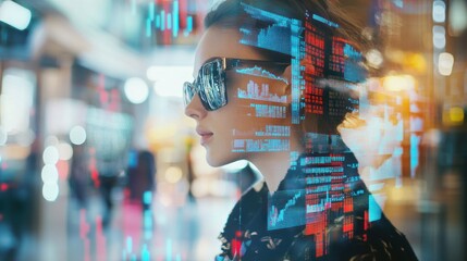 Obraz premium A profile of a woman in sunglasses with digital data overlays, symbolizing technology and innovation.