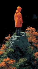 Obraz premium Person in an orange jacket stands on a rocky cliff surrounded by vibrant autumn foliage under a dark sky