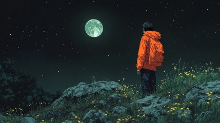 Obraz premium Person in an orange jacket stands on a rocky hill, gazing at a bright full moon in the night sky