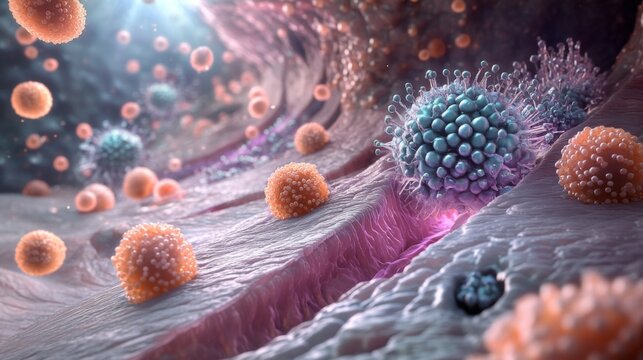 A cross-sectional view of a human organ with nanomachines actively seeking and destroying cancer cells, highlighting the intricate and focused actions of these microscopic devices
