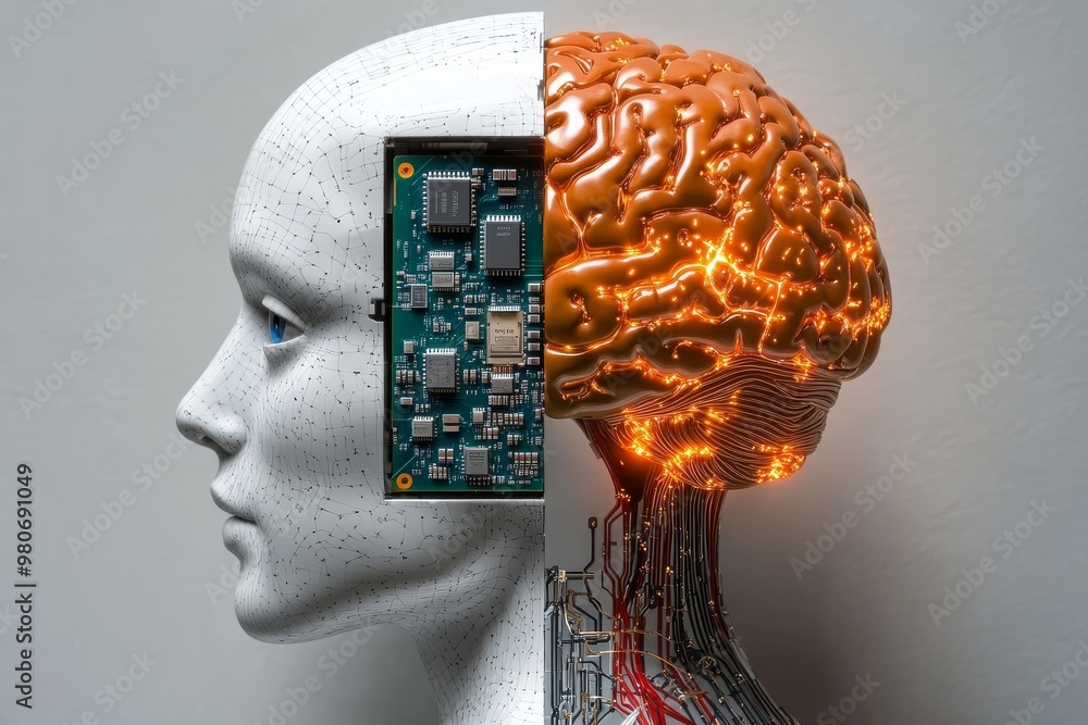 Poster half human head and half circuitry with brains symbolizing the convergence of organic cognition and 