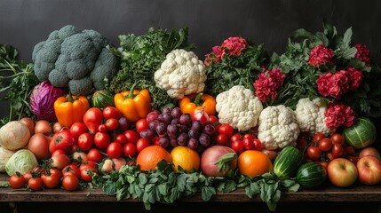 Variety of fresh vegetables and fruits, including broccoli, cauliflower, peppers, tomatoes, grapes, and leafy greens arranged on a table