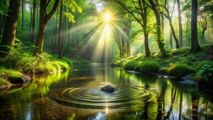 Serenely lit forest stream with a single water droplet rippling the calm surface, surrounded by lush greenery and sunbeams filtering through the leafy canopy above.