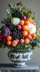 Decorative arrangement of various fruits and vegetables is displayed in an elegant blue-and-white floral-patterned vase