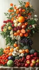 Large colorful arrangement features a variety of fruits, vegetables, and flowers including oranges, tomatoes, grapes, and apples