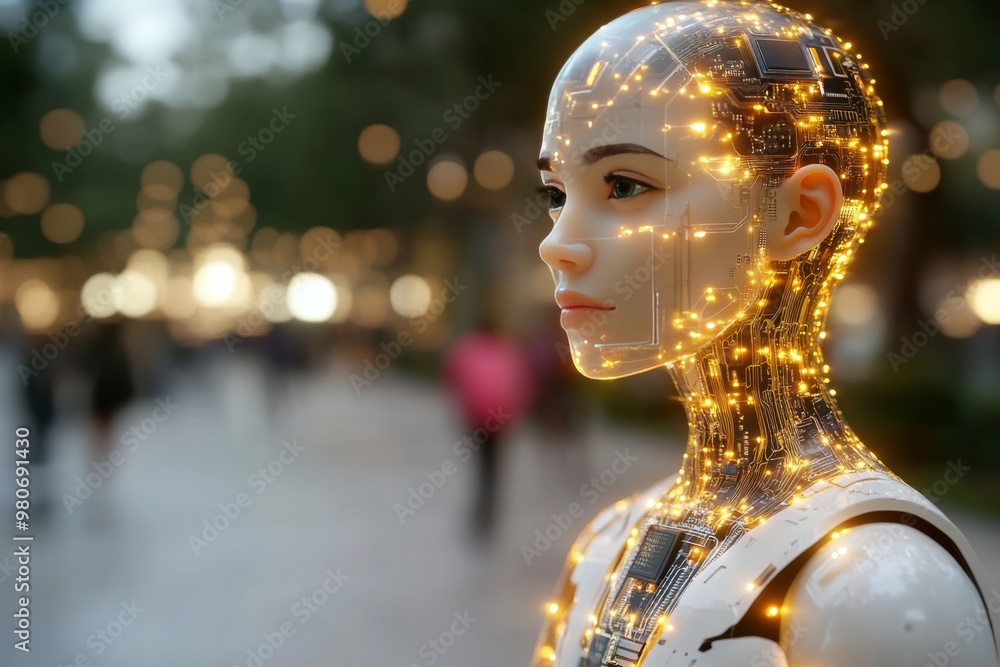 Poster golden humanoid with facial circuitry representing the integration of human like intelligence and ar