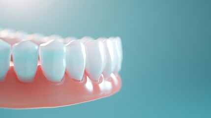 Fototapeta premium A close-up view of a dental model showing healthy, white teeth and gums against a light blue background, representing oral health and dental care.
