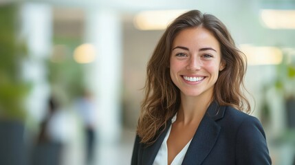 Fototapeta premium Confident Businesswoman in a Suit Smiling at the Camera - Perfect for Corporate Branding and Professional Use