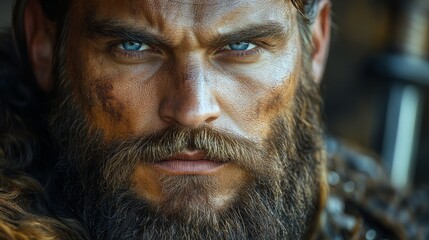 Obraz premium Close-up of a bearded man with intense eyes and rugged features, evoking a strong, fierce presence