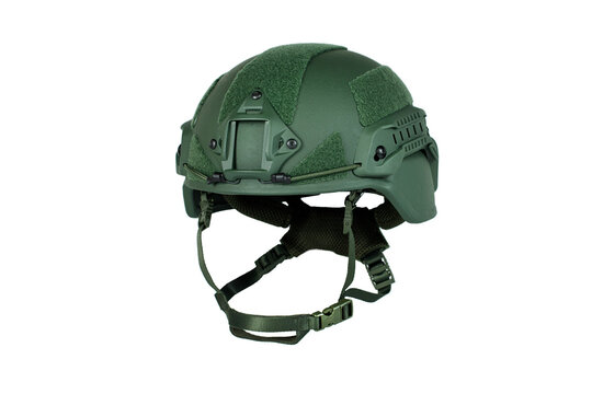 Green details military helmet a white background