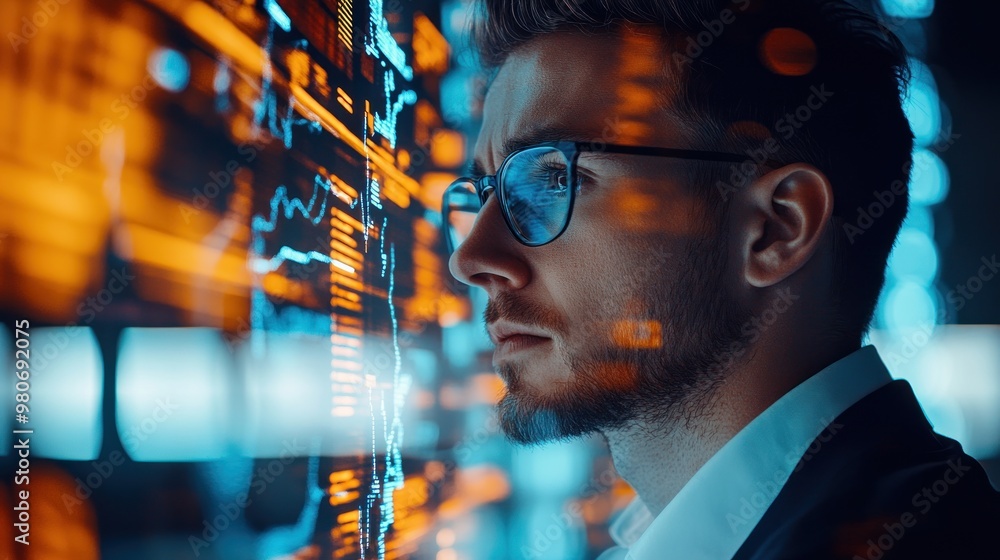 Poster a focused individual analyzing digital data on a screen, representing technology and analytics.
