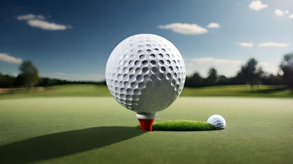 Golf ball positioned on a tee ready for a swing, capturing the excitement of the sport on a pristine golf course