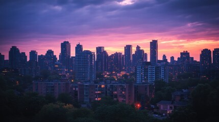 Obraz premium A vibrant city skyline at sunset, showcasing urban architecture against a colorful sky.