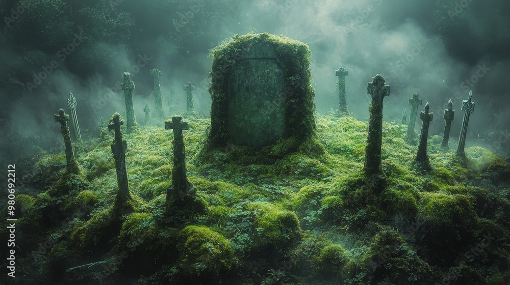 Poster moss-covered graveyard enveloped in fog features numerous tombstones, creating a mysterious and eeri