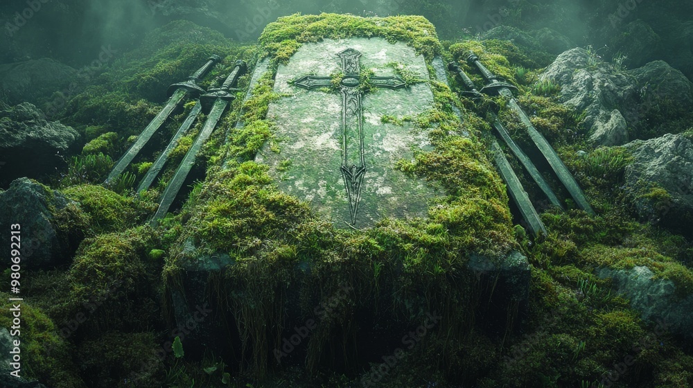 Poster ancient, moss-covered stone tomb in a mystical forest, surrounded by multiple swords embedded in the