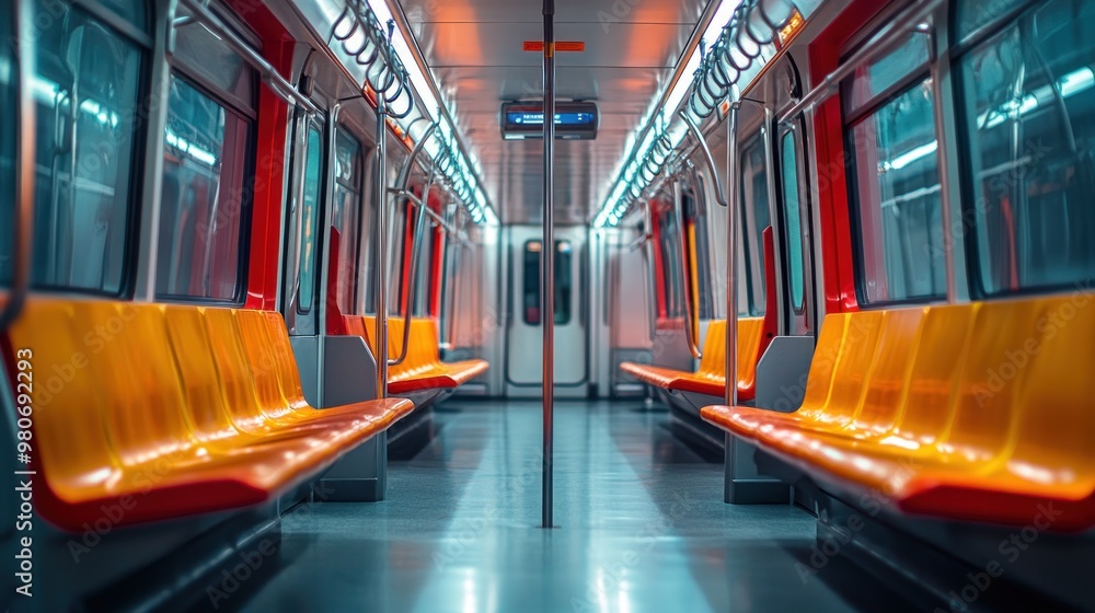 Sticker A deserted subway train interior with bright orange seats and modern lighting.